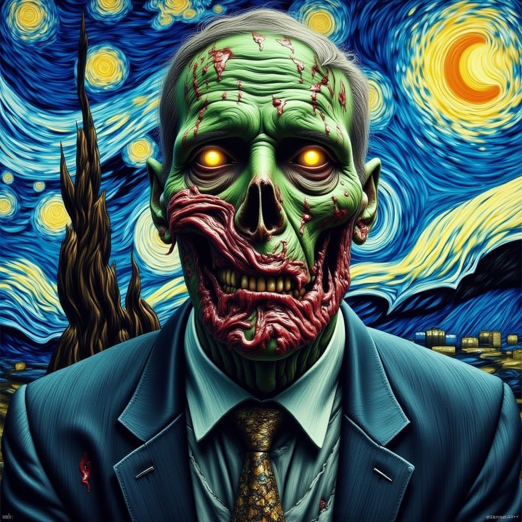 Grotesque Zombie Portrait in Van Gogh Style