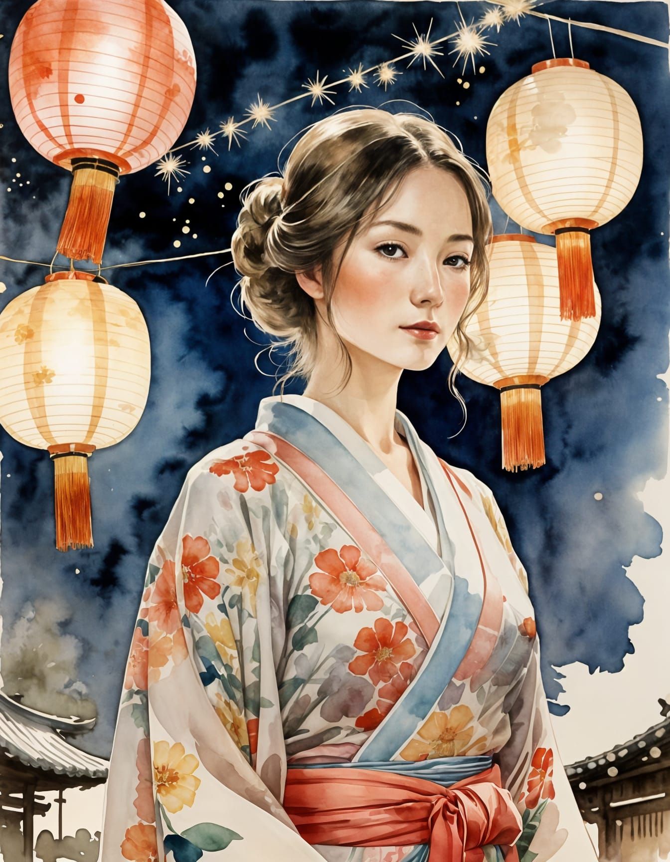 Woman in Yukata at Summer Festival, Watercolor Painting