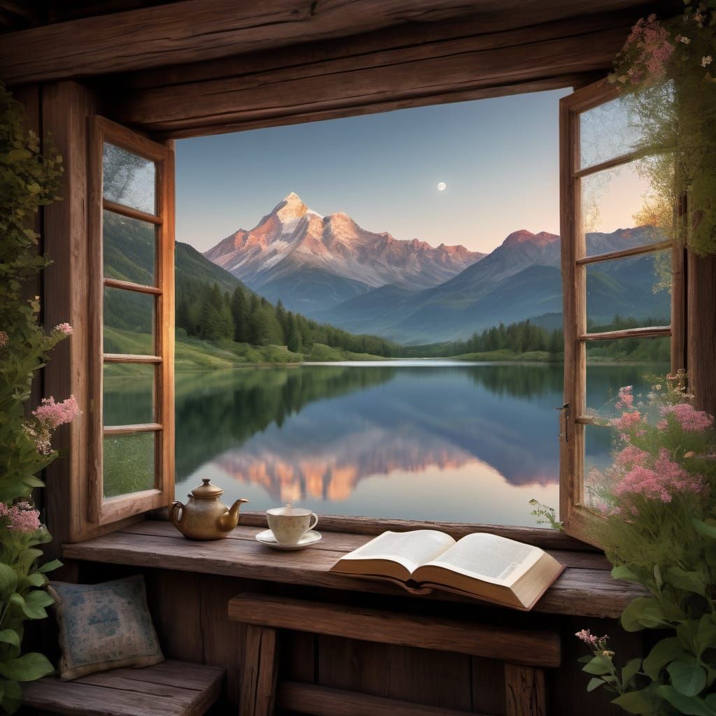 Rustic Cabin Window Framing Serene Mountain Lake Scene