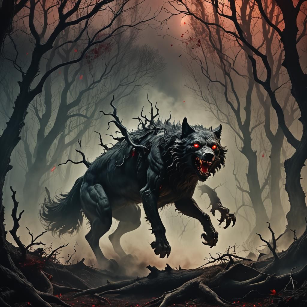Surreal Dark Beasts Bursting From Wolf in Dreamscape
