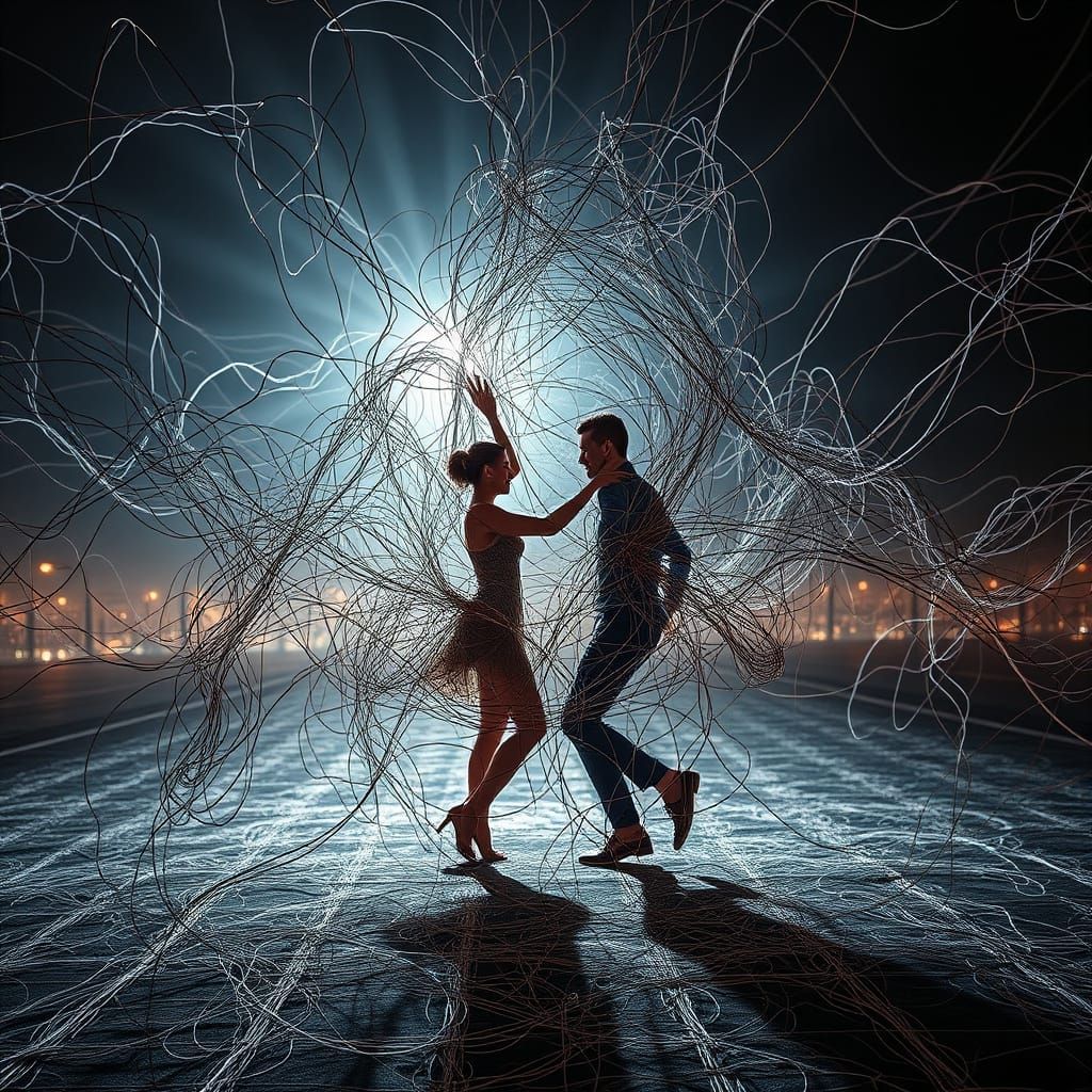 Dancing Figures in Metallic Wire Landscape, Surreal Style