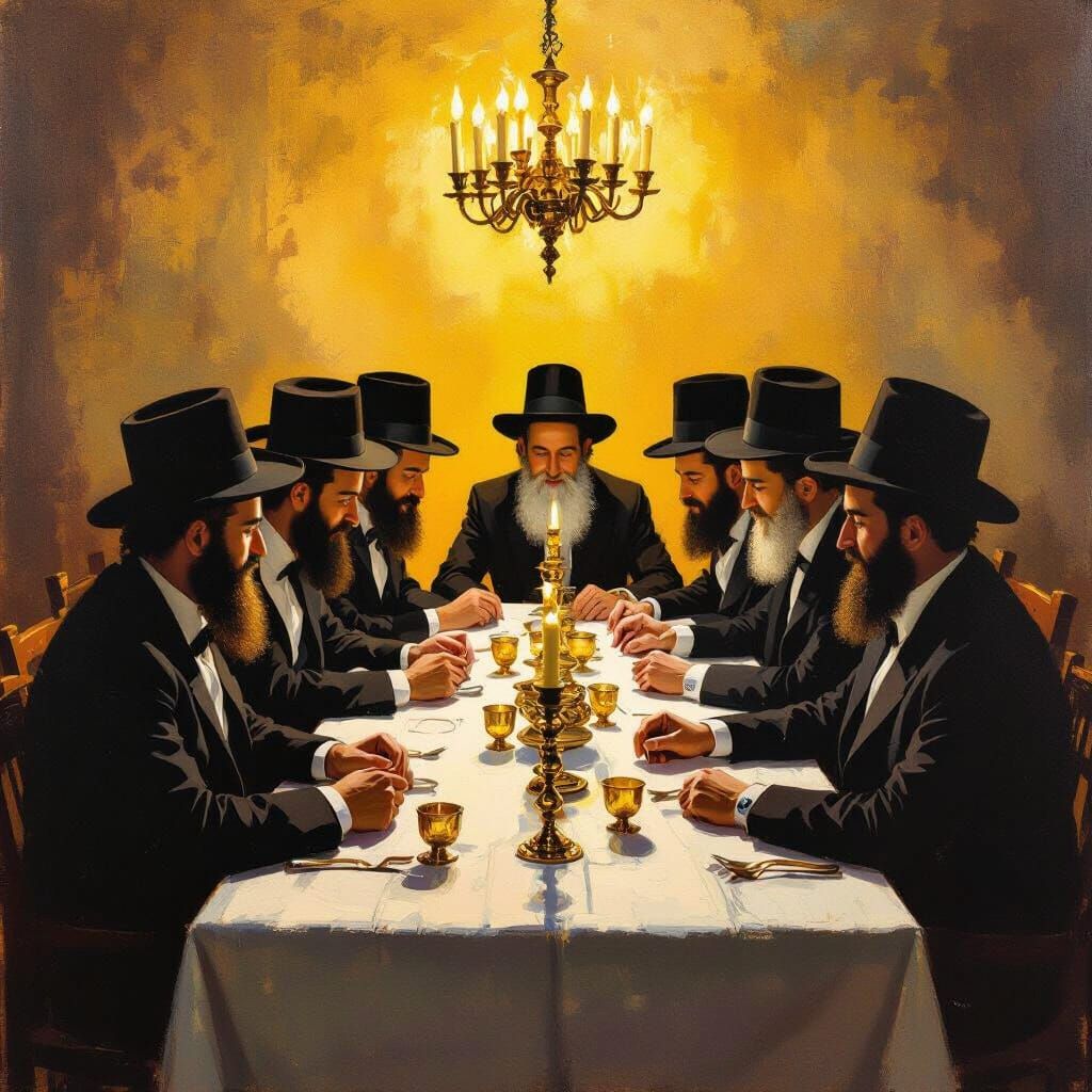 Hasidic Gathering on Shabbat Night in Expressive Painting St...