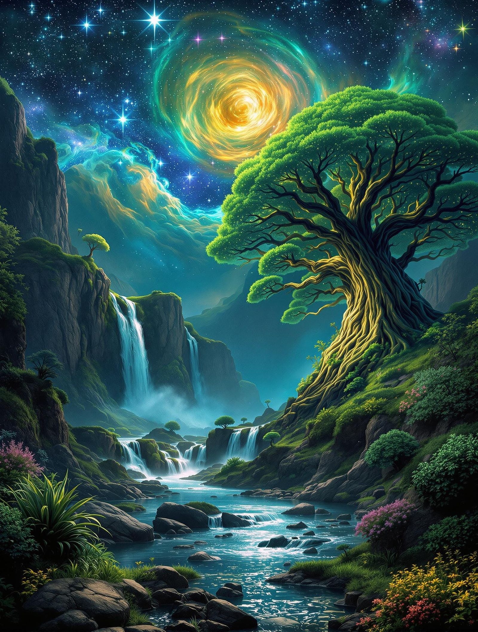 Ethereal Cosmic Landscape with Alien Fungus Tree