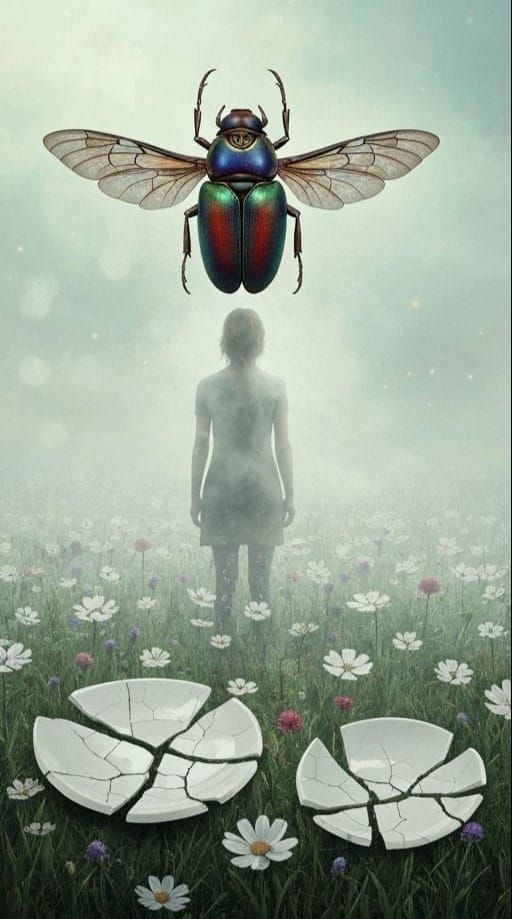 Woman in Misty Wildflower Field with Cracked Porcelain Tree