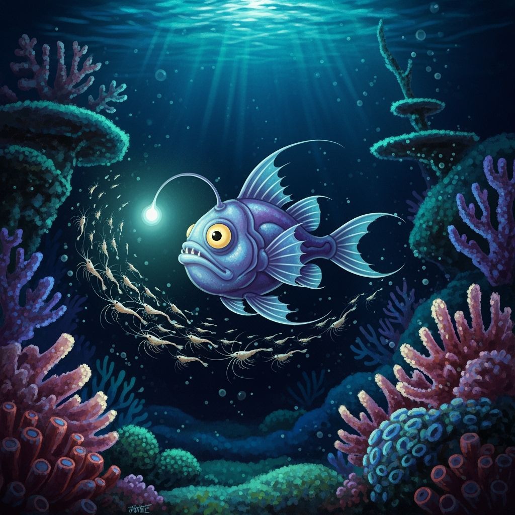Bioluminescent Anglerfish in Deep Sea, Painterly Style