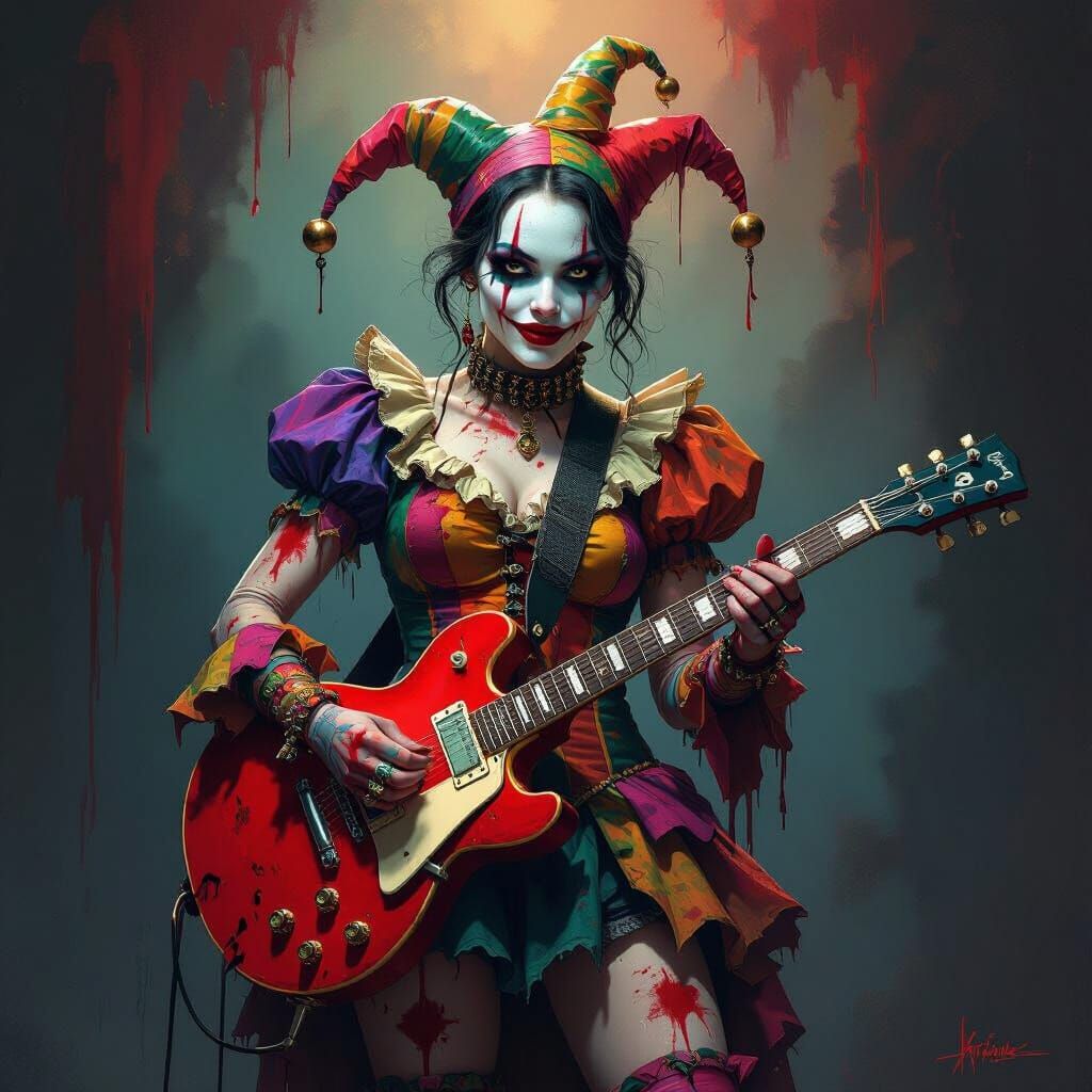Bloody Jester with Electric Guitar in Dark Fantasy Style