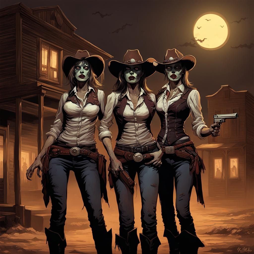 Zombie Cowgirls in Old Western Town at Night