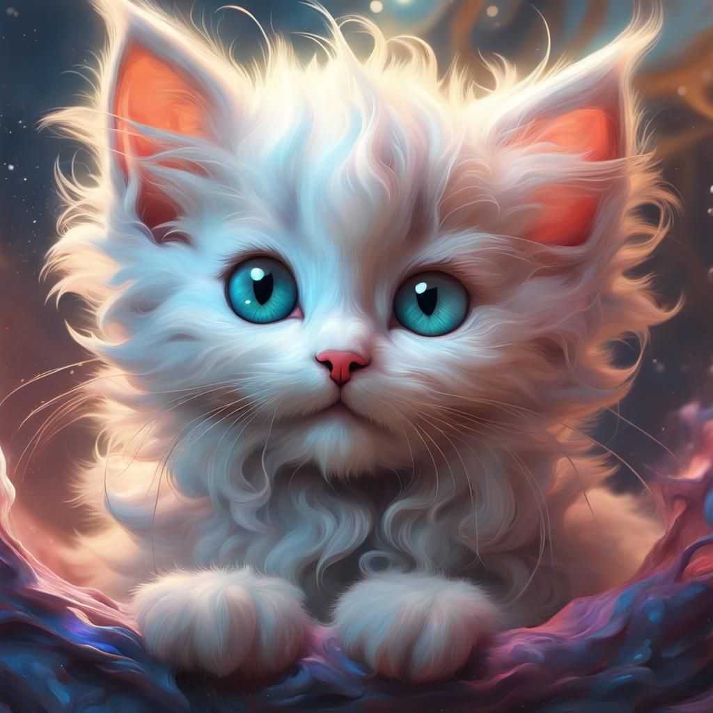 Adorable Fluffy Kitten in Impasto Oil Painting Style