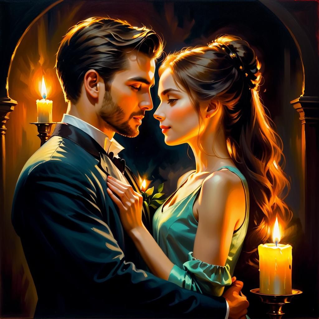 Romantic Candlelit Embrace in Oil Painting Style