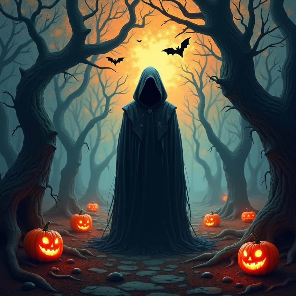 Eerie Hooded Figure in Autumnal Forest