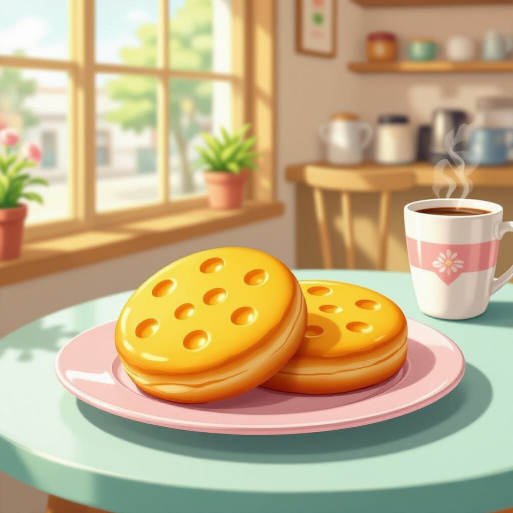 Golden Cheese Cookie in Cozy Japanese Cafe, Anime Style