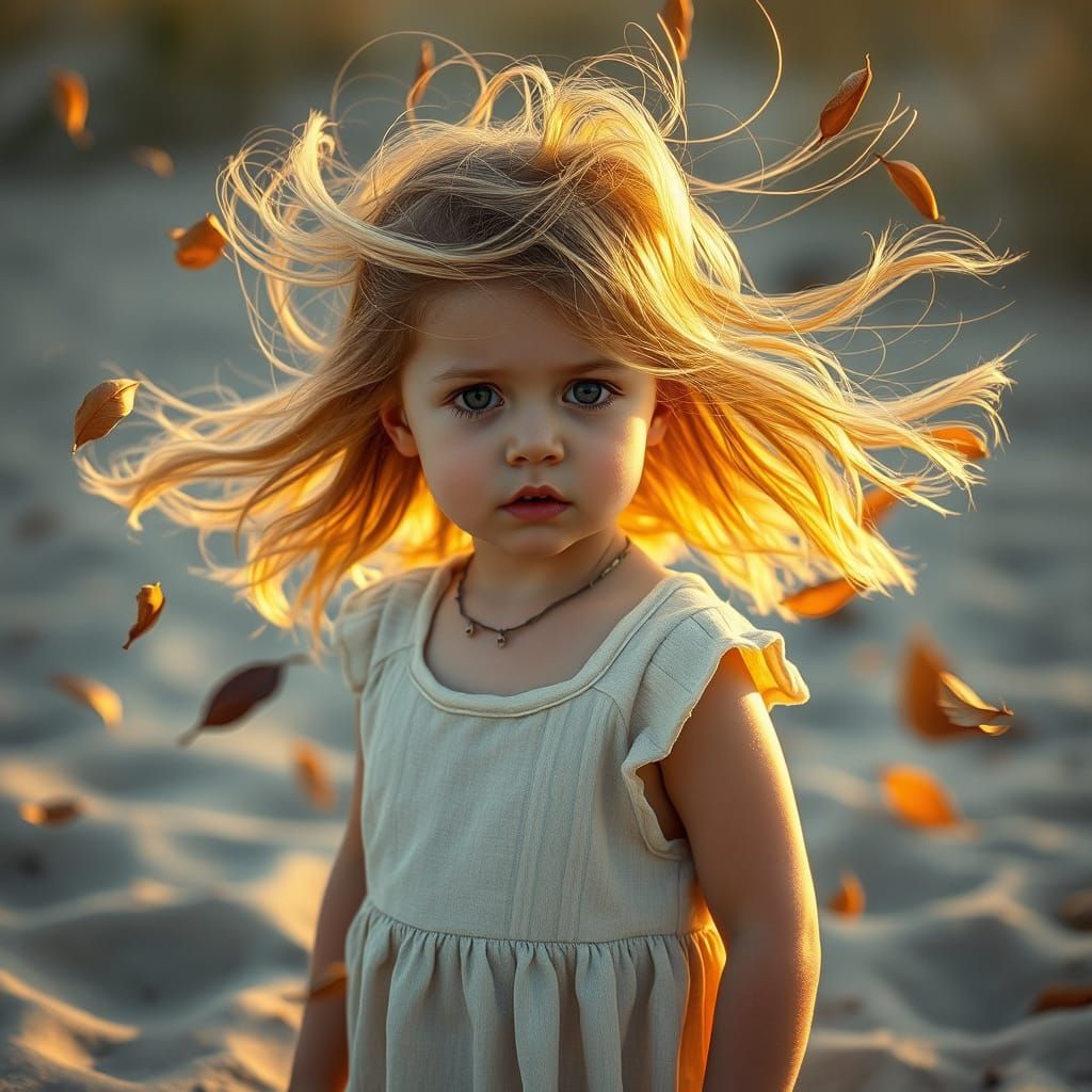 Golden Hour Portrait of Girl in Swirling Leaves