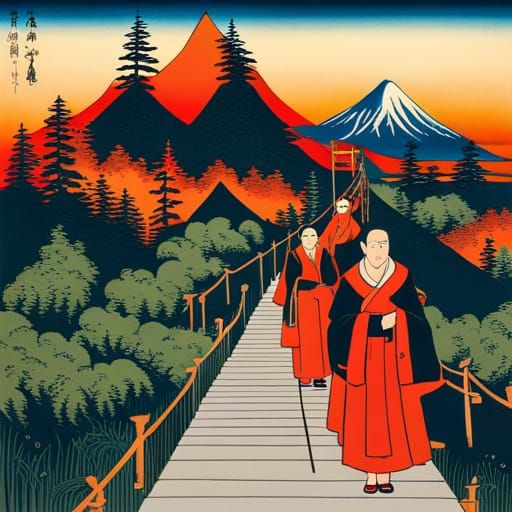 Mountain Trail with Temple in Ukiyo-e Style