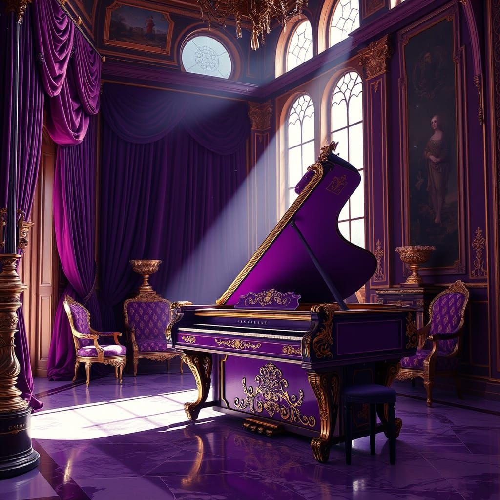 Regal Purple Harpsichord in Baroque Chamber