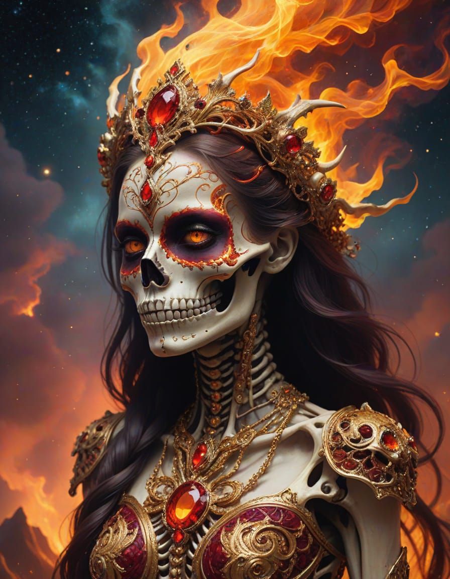 Skeleton Woman in Flames with Gold Filigree