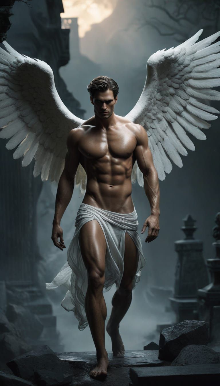 Male Angel Descends onto Graveyard Tomb: Octane Render