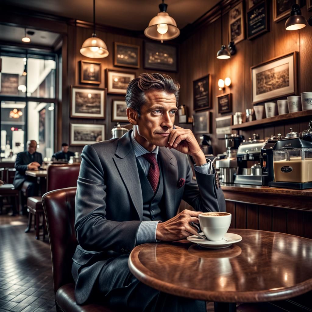 Hyperrealistic Gentleman at Coffee Shop in Cinematic Style