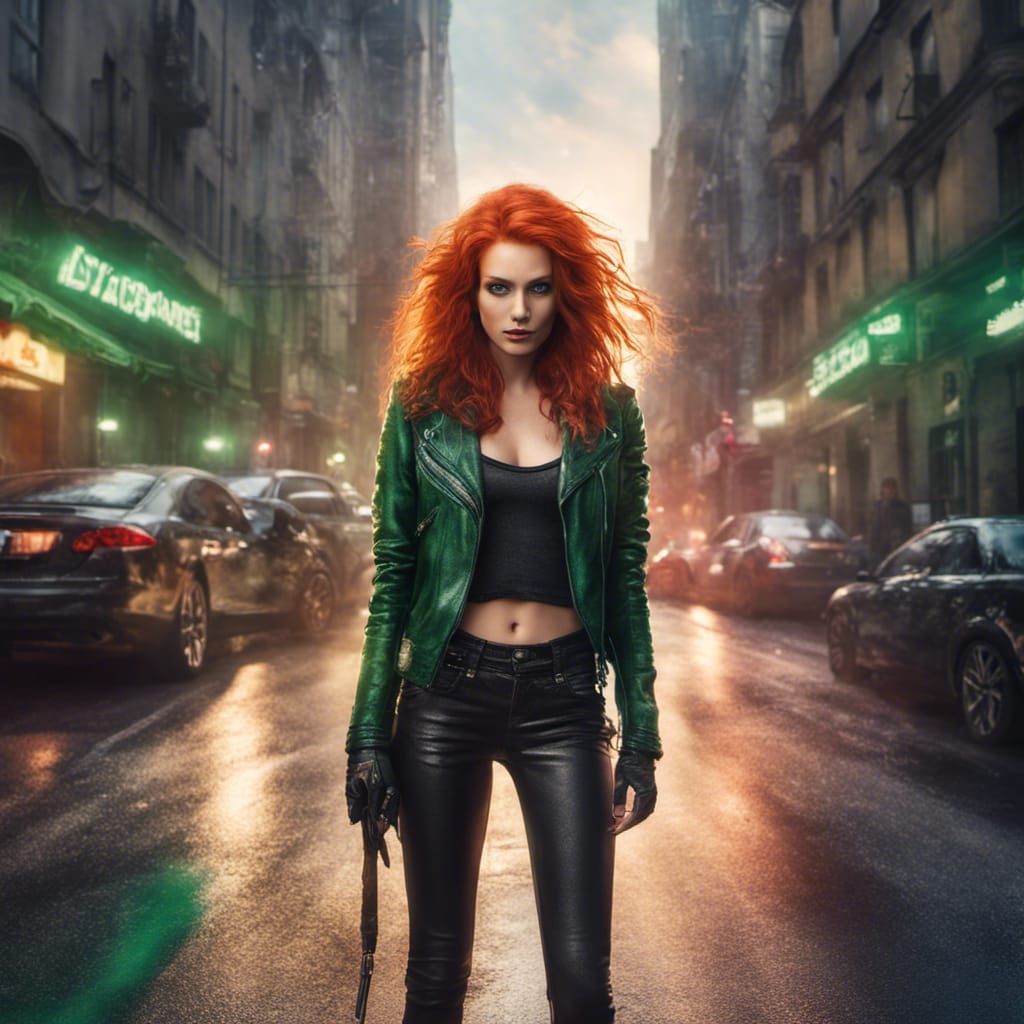 Red-Haired Witch in Urban Setting, Photorealistic Style
