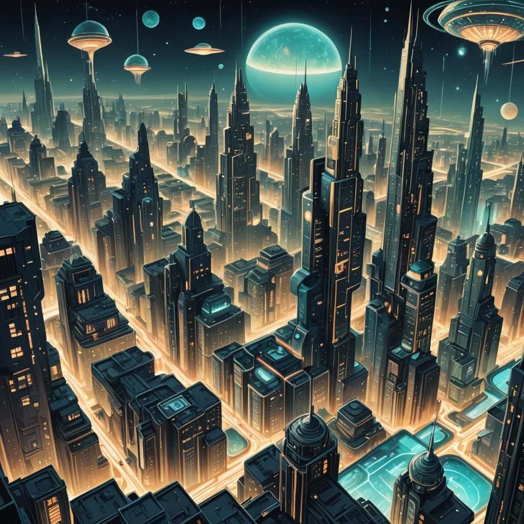 Art Deco Space Metropolis with Bioluminescent Buildings