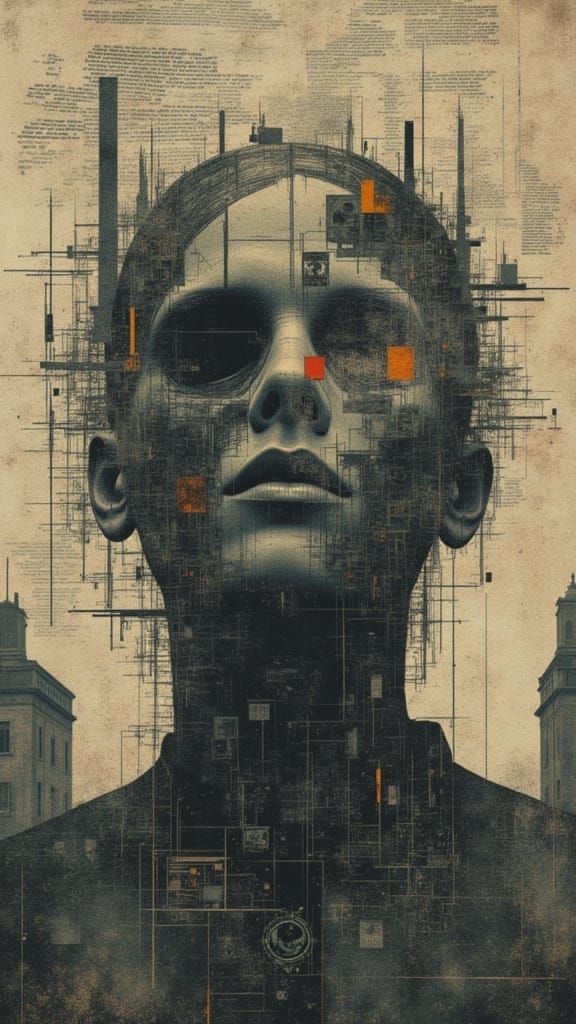 Surrealist Cracked Mechanical Head Photocollage in Atomic Ag...