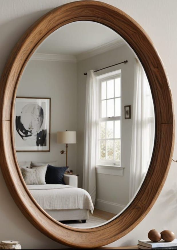 An oval mirror with a wooden frame that looks somehow ethere...