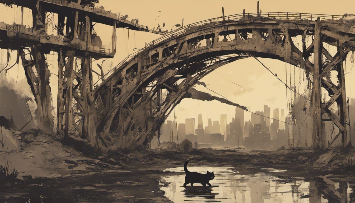 Post-Apocalyptic Cat on Ruined Bridge