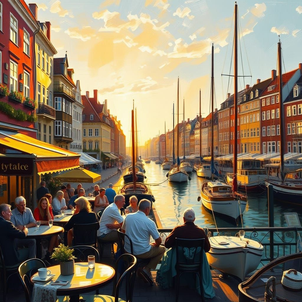 Golden Glow on Nyhavn's Vibrant Waterfront in Impressionist ...