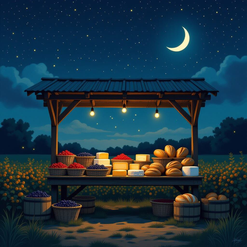 Rustic Farmstand Under Starry Noir Night