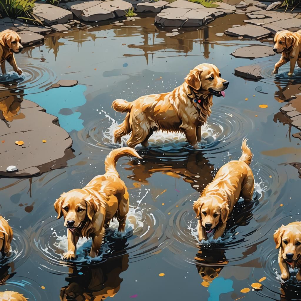 Golden Retriever Emerges from Lake: Graffiti Art Style