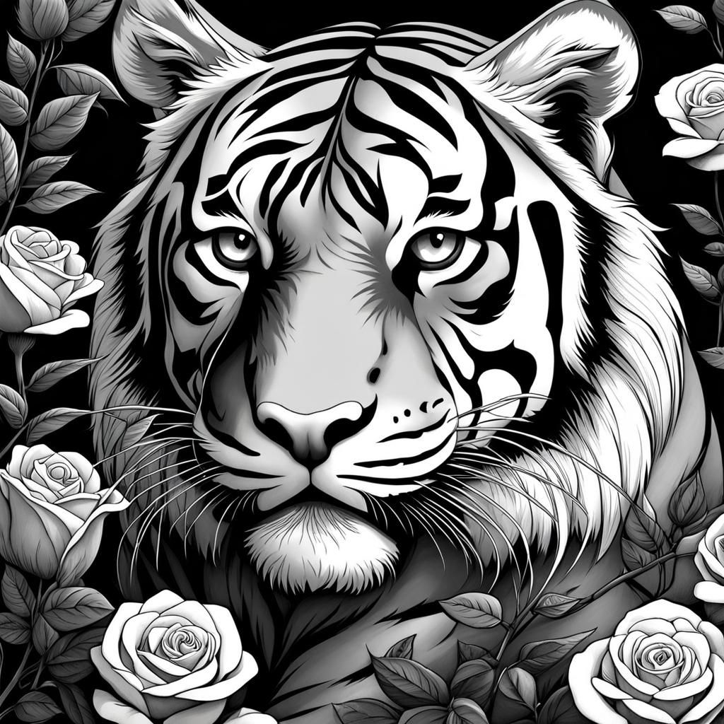 Grayscale Tiger Portrait in Bioluminescent Rose Garden