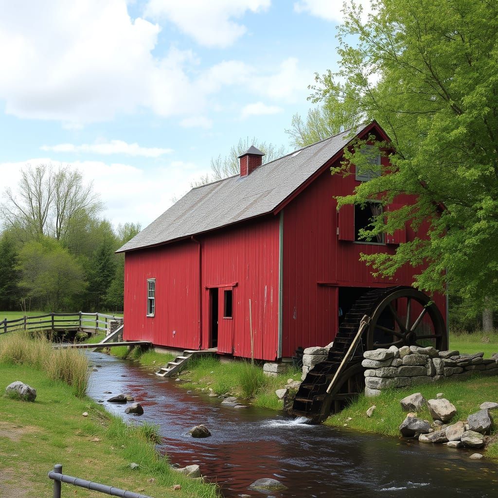Rustic Red Barn Beside Serene Creek Scene