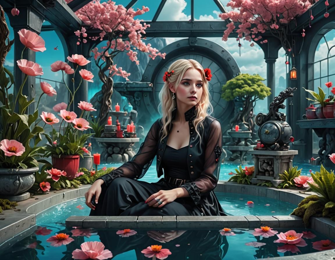 Goth Woman in Waterpark Lounge, Detailed Matte Painting