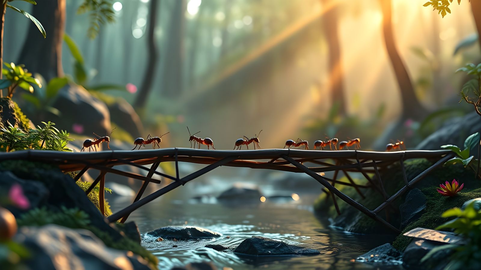 Glowing Ants Cross a Geometric Bridge in a Vibrant, Foggy Fo...