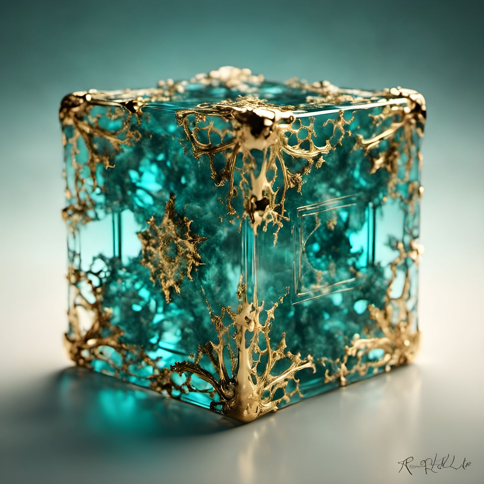 Enchanted Glass Cube Artifact in Turquoise and Gold