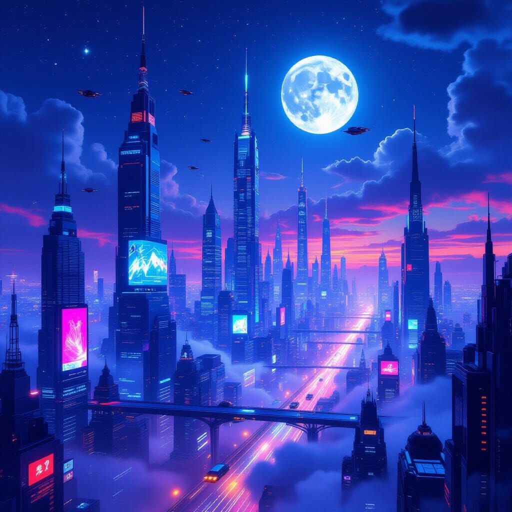 Futuristic Cityscape at Twilight: Neon Glow and Flying Cars