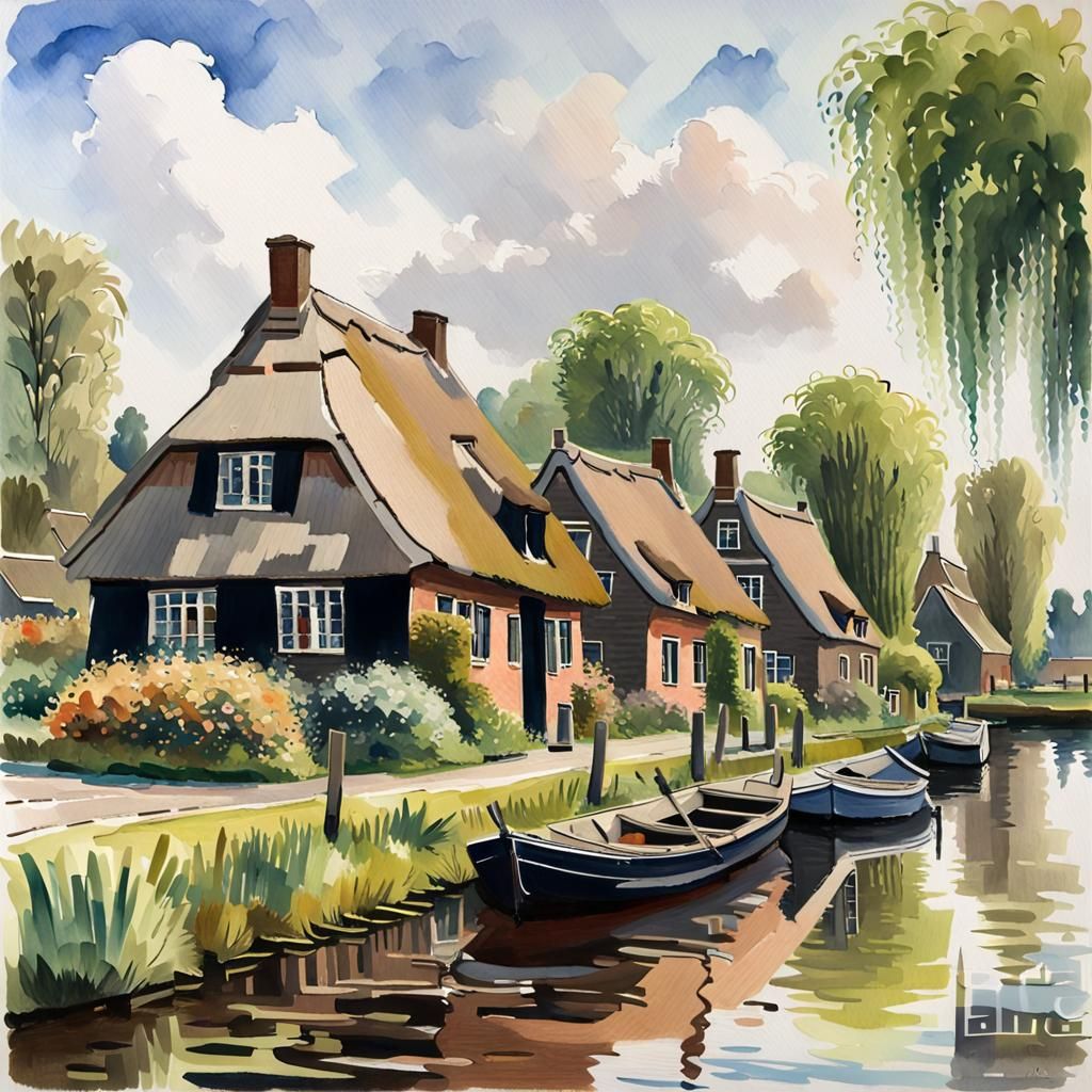 Giethoorn Village View as Gouache Watercolor