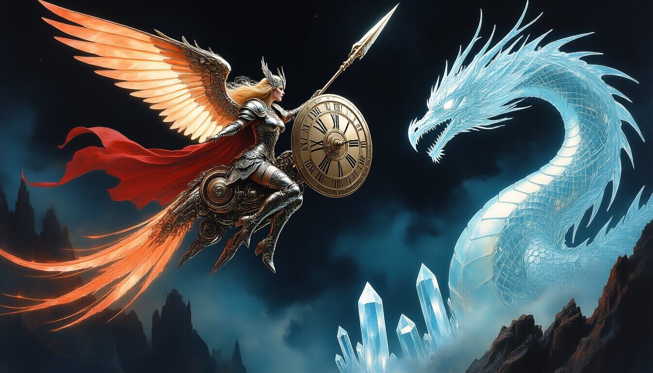 Valkyrie Brunhild Battles Crystal Dragon on Clockwork Hummin...