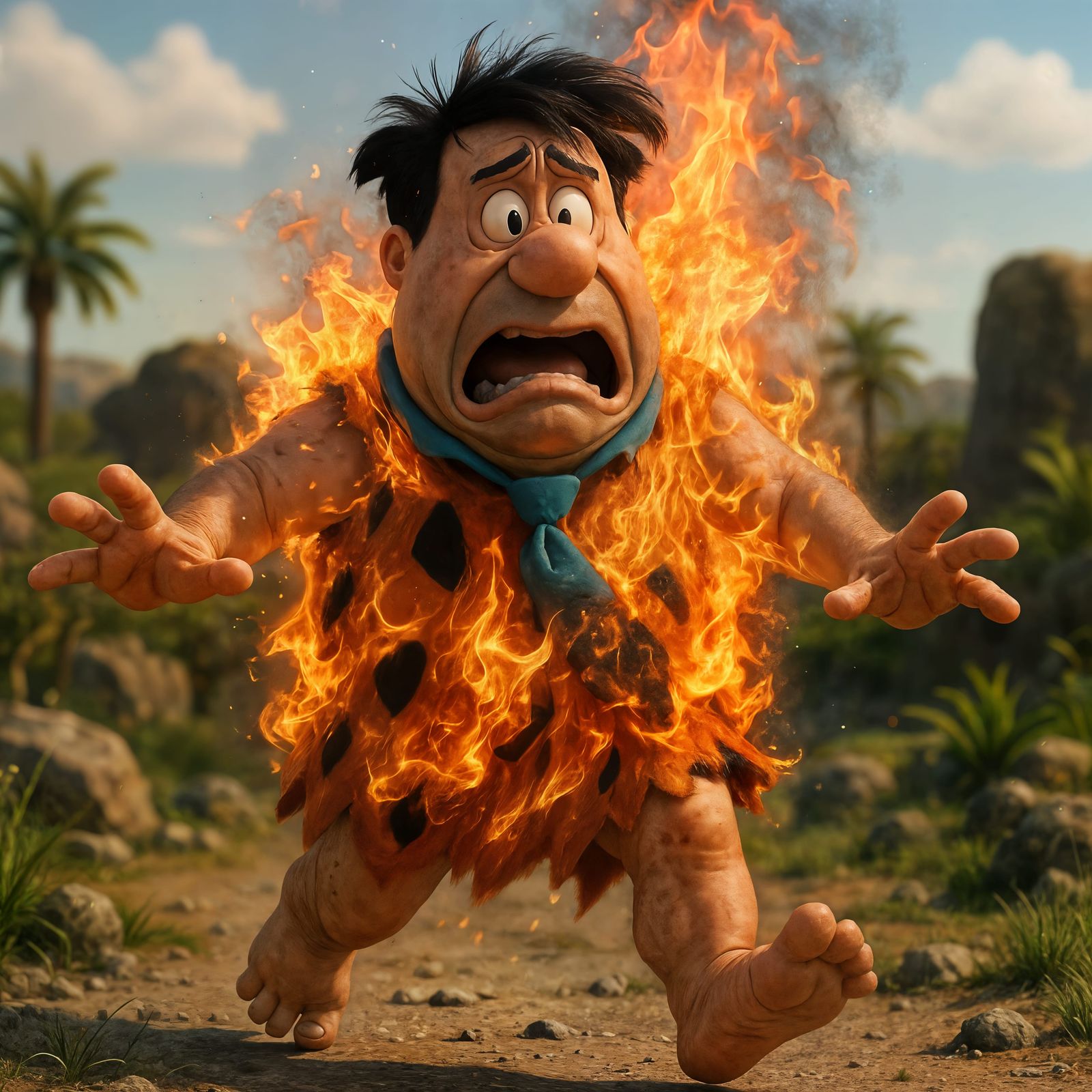 Panicked Fred Flinstone on Fire: Detailed CGI Rendering