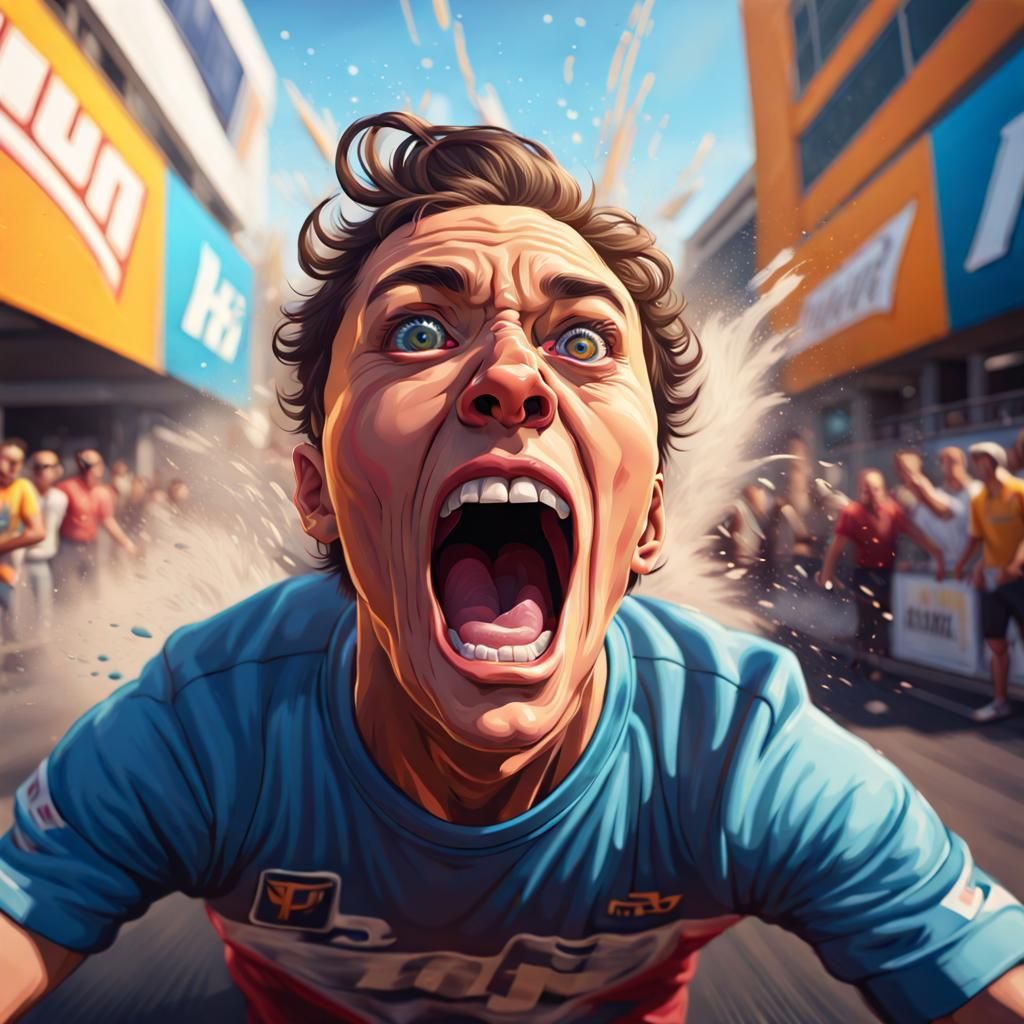 Shocked Spectator at Car Wheelie Start: Hyperrealistic Splas...