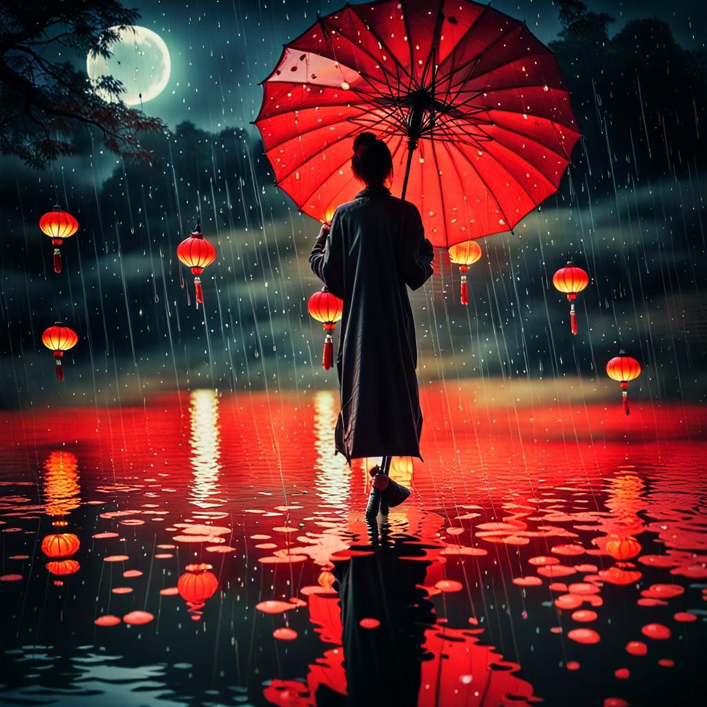 Chinese Painting: Woman, Lanterns, and Red Moon