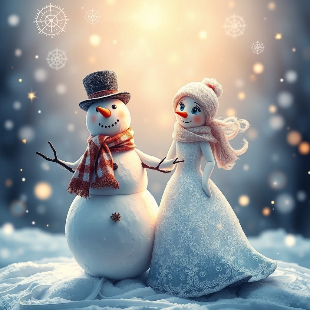 Charming Snowman and Snow-Wife in Winter Wonderland