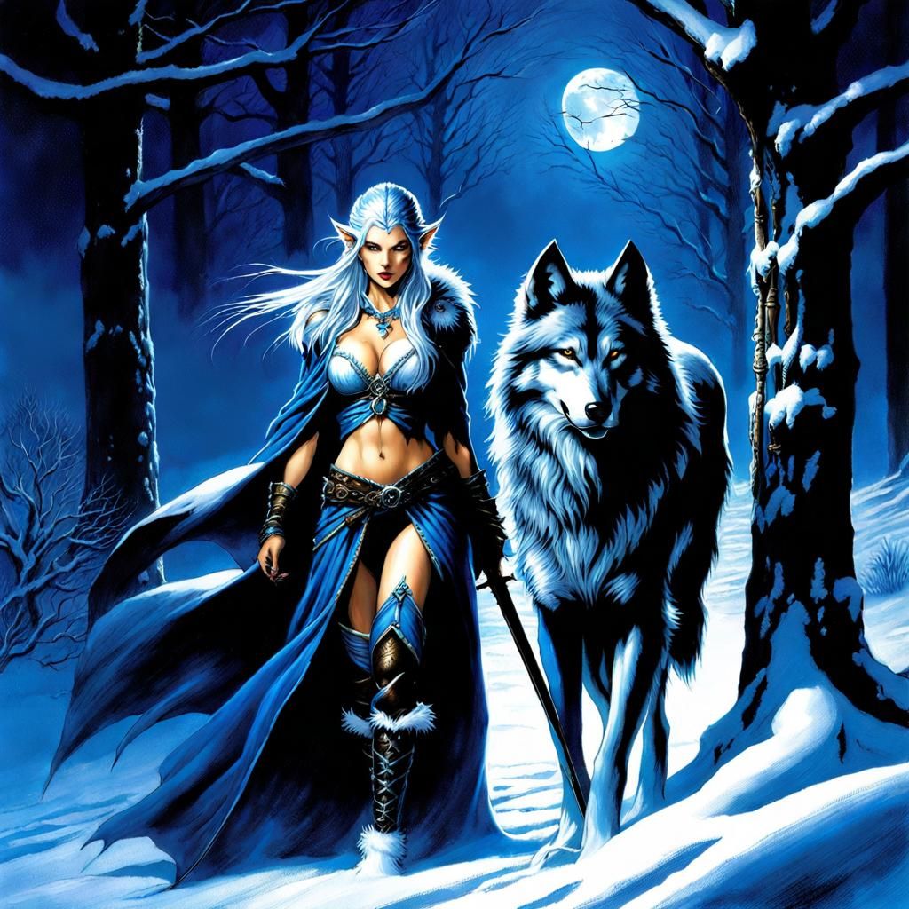 Elf Sorceress and Wolf in a Dark Fantasy Landscape