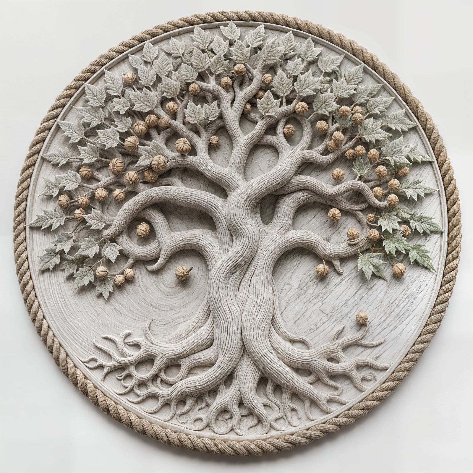 Ancient Oak Tree in Intricate White Marble Bas Relief
