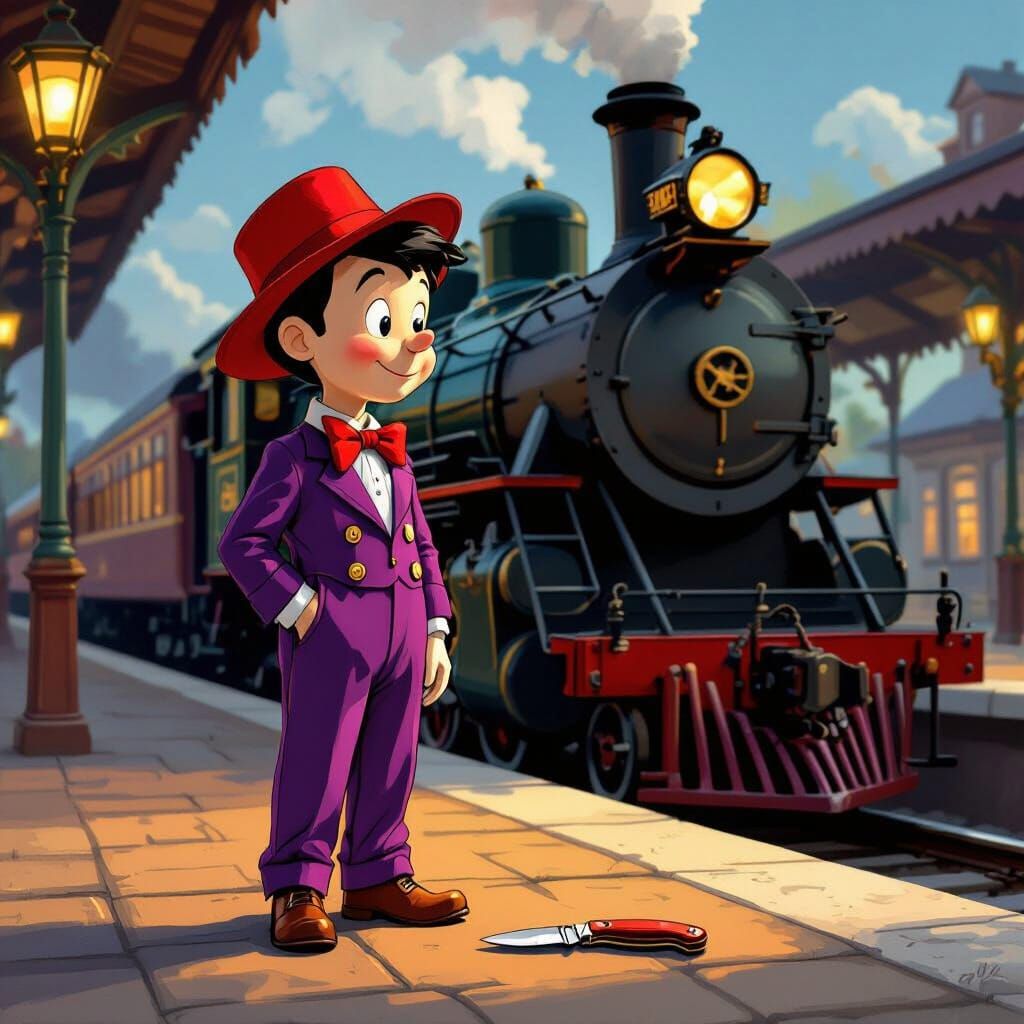 Pinocchio Character in Purple Jumpsuit Beside Steam Train
