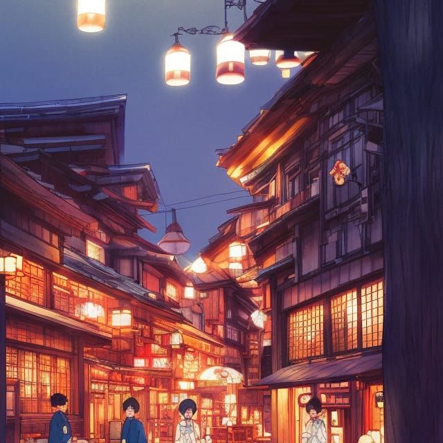 Cozy Onsen Town in Comic Book Style