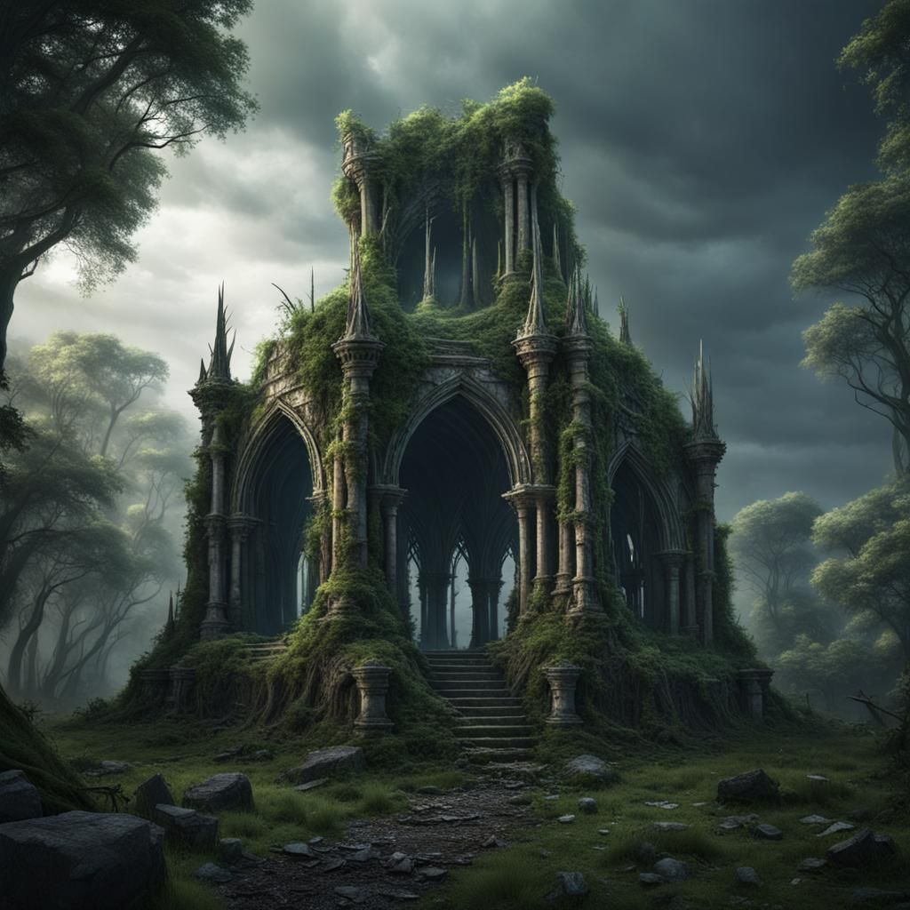 Ruined Elven Temple in Overgrown Dark Forest