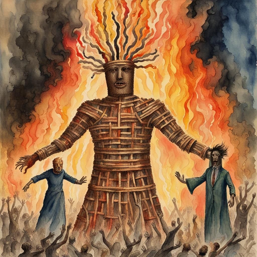 Burning Wicker Man Watercolor Illustration
