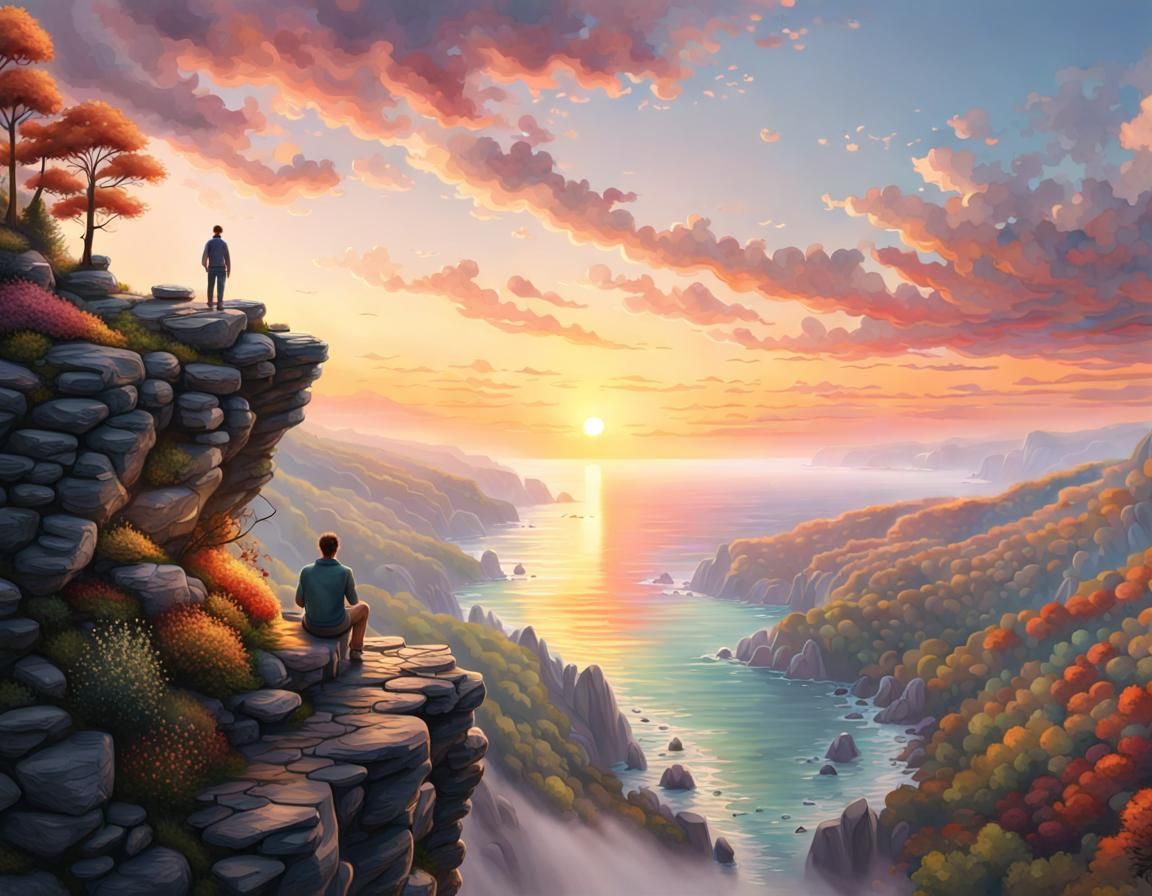 Sunset Contemplation: Hyperdetailed Landscape Art