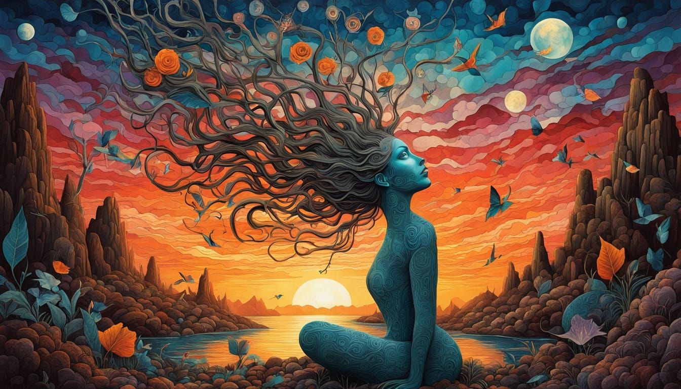 Mystical Shaman Weaves Magic in Labyrinthine Sunset Scene