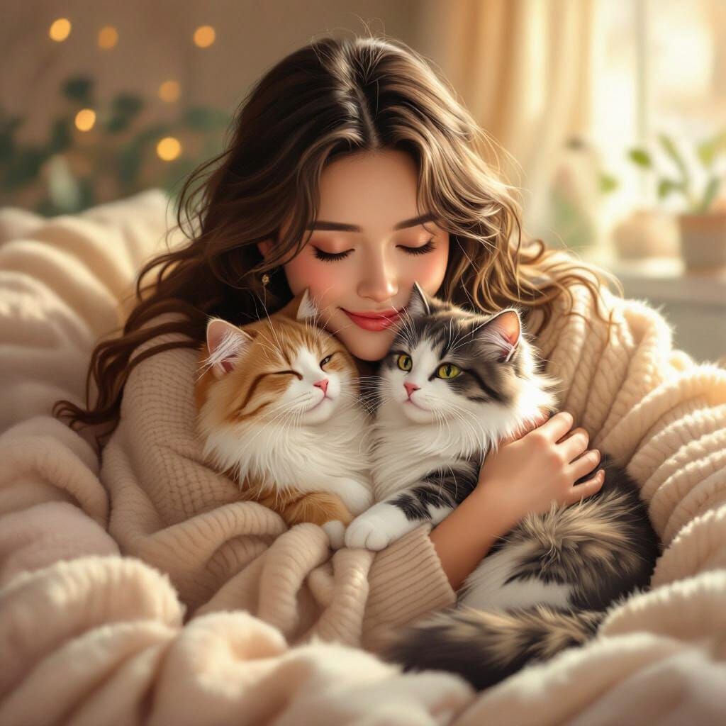 Woman Cuddling Cats in Beatrix Potter Style